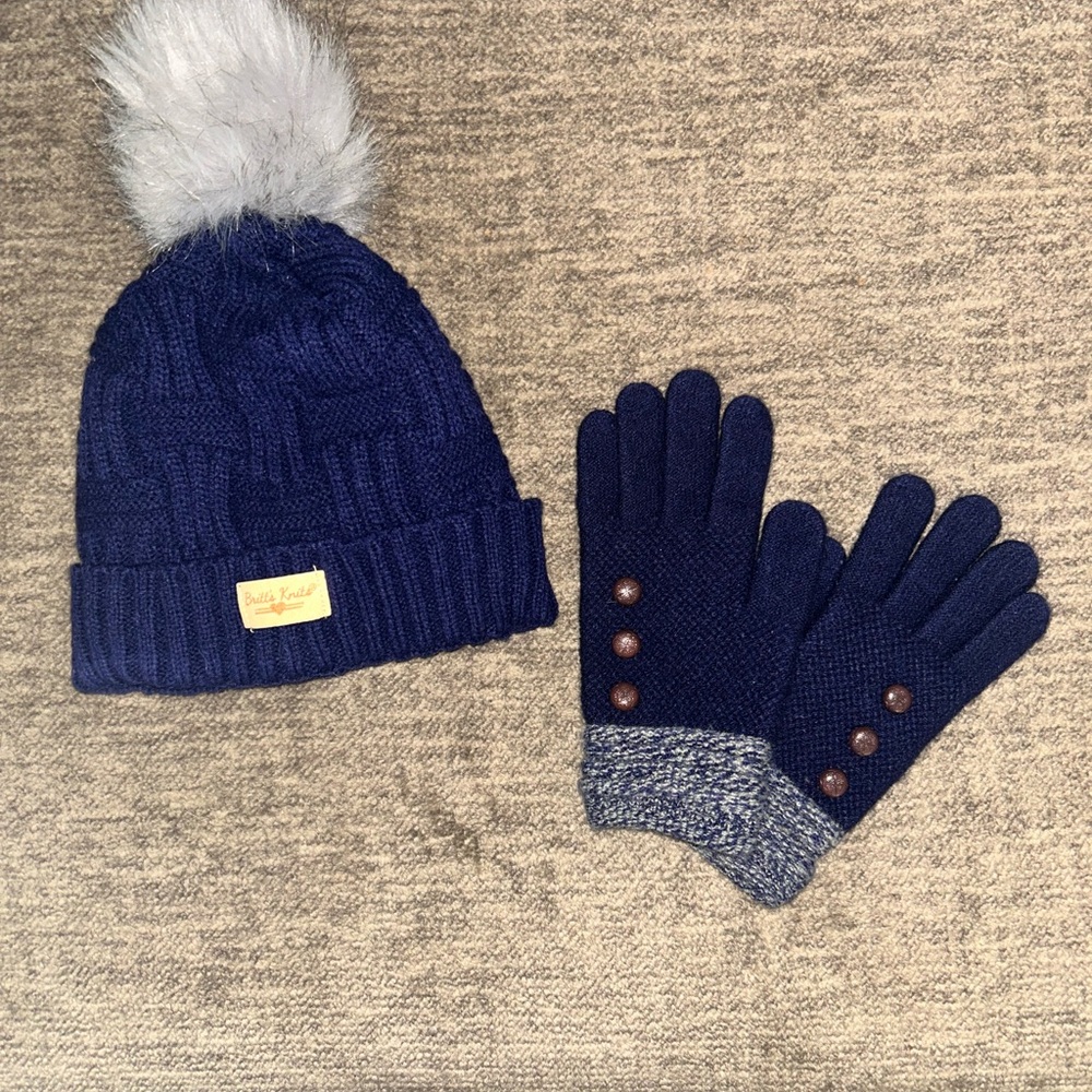Navy Blue Knit Hat and Gloves Set with Pom Pom